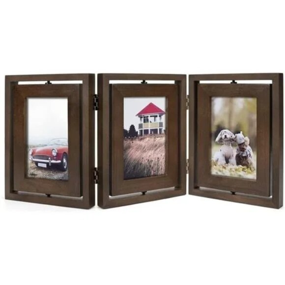 4x6 Picture Frame Rustic Wood Hinged Folding Triple Picture Frames Collage - Picture 1 of 7